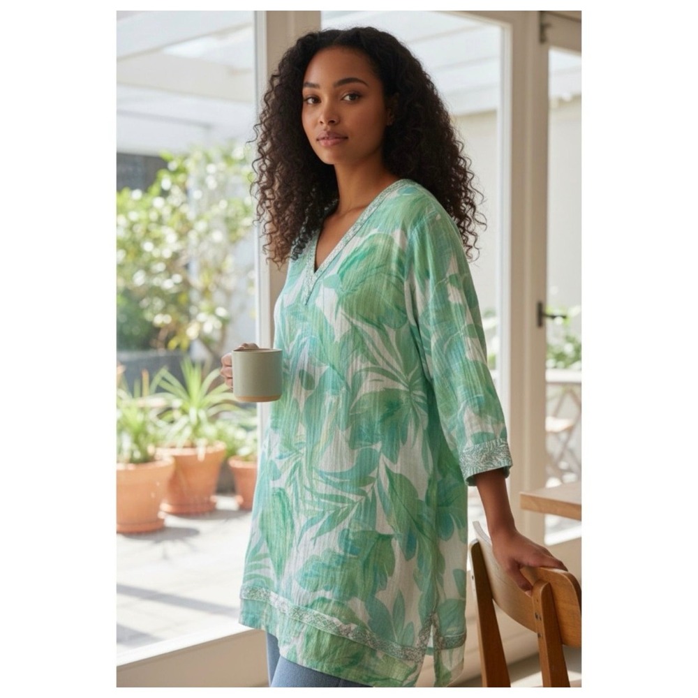 Christian Siriano New York Women's Large Green Leaf Print V-Neck Resortwear Chic